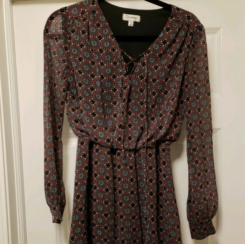 Ladies XS olsenboye Geometric long sleeve dress polyester multi color .